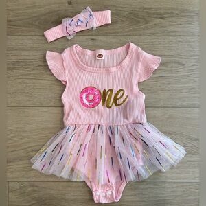 Baby Girl 1st Birthday Ribbed Donut Tulle Outfit with matching headband